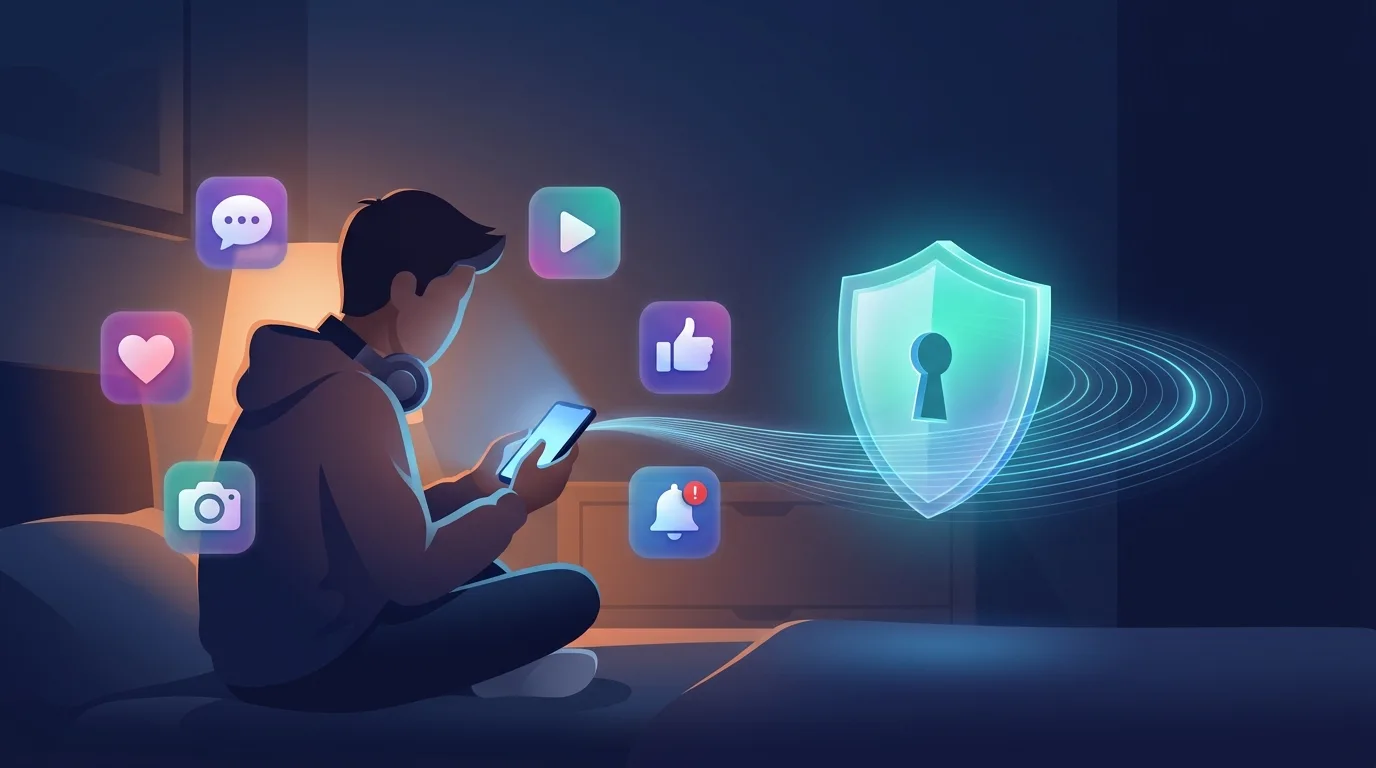 Illustration of a teenager on a bed using a smartphone, surrounded by social media icons, with a glowing VPN shield and keyhole beside them