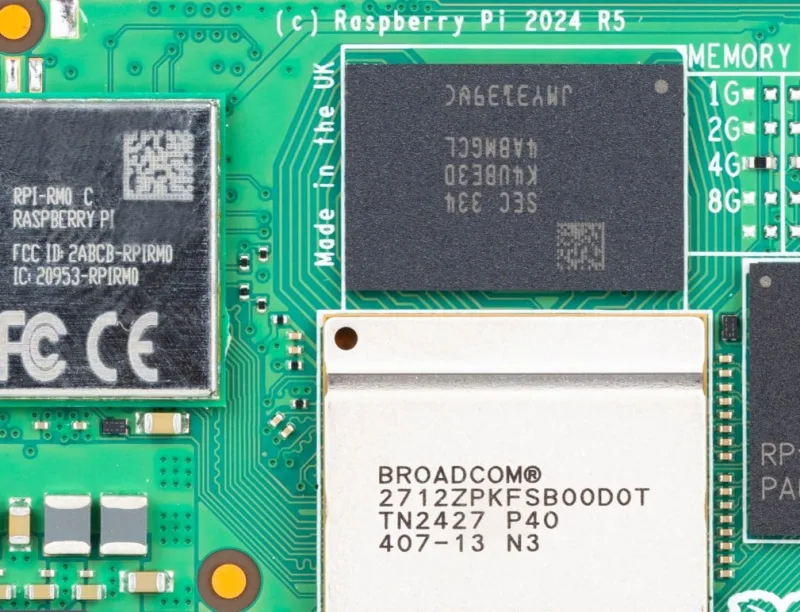 Close-up of a Raspberry Pi Compute Module 5 and its memory chip