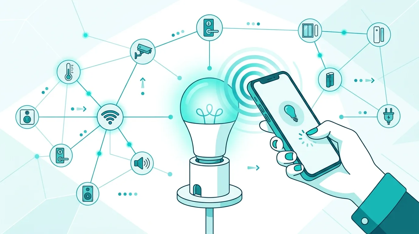 Illustration of a smartphone tapping a smart light bulb over NFC, with connected home devices in a mesh network