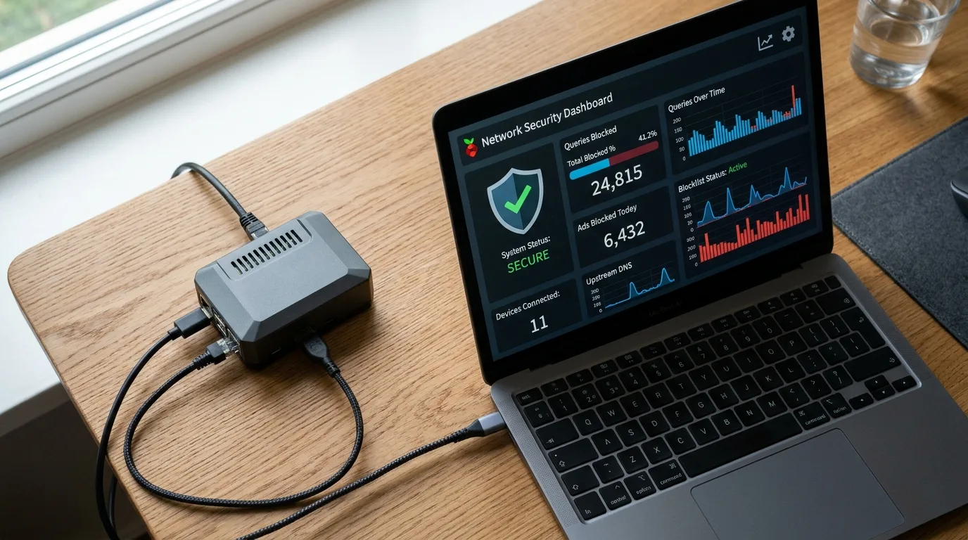 A Raspberry Pi in a case next to a laptop showing a network ad-blocking dashboard