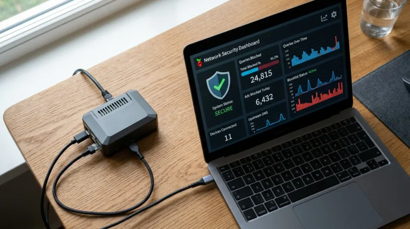 A Raspberry Pi in a case next to a laptop showing a network ad-blocking dashboard