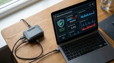 A Raspberry Pi in a case next to a laptop showing a network ad-blocking dashboard