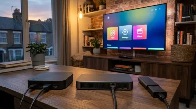 Three streaming devices on a wooden table in front of a TV showing a home screen