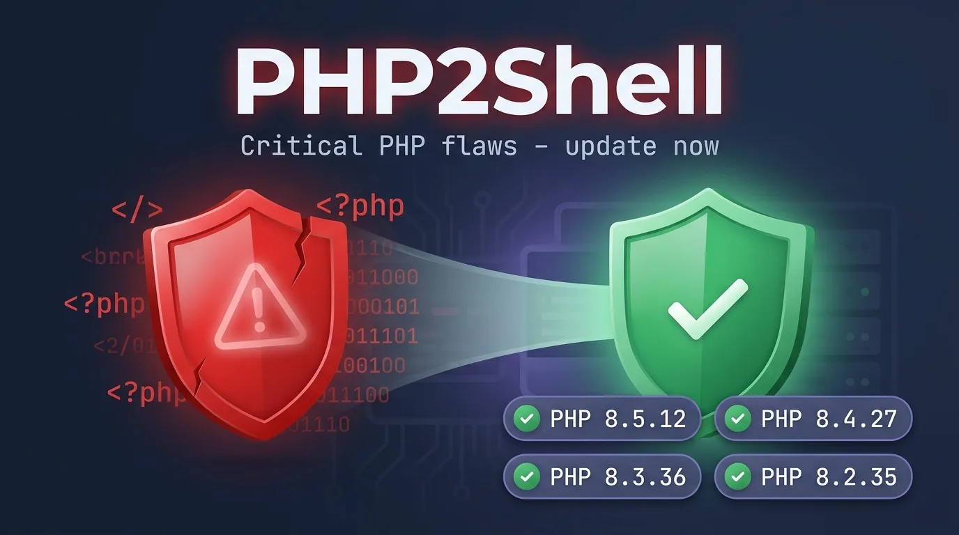Red cracked shield and green shield with check mark beside the PHP2Shell title and the fixed PHP versions 8.5.12, 8.4.27, 8.3.36 and 8.2.35